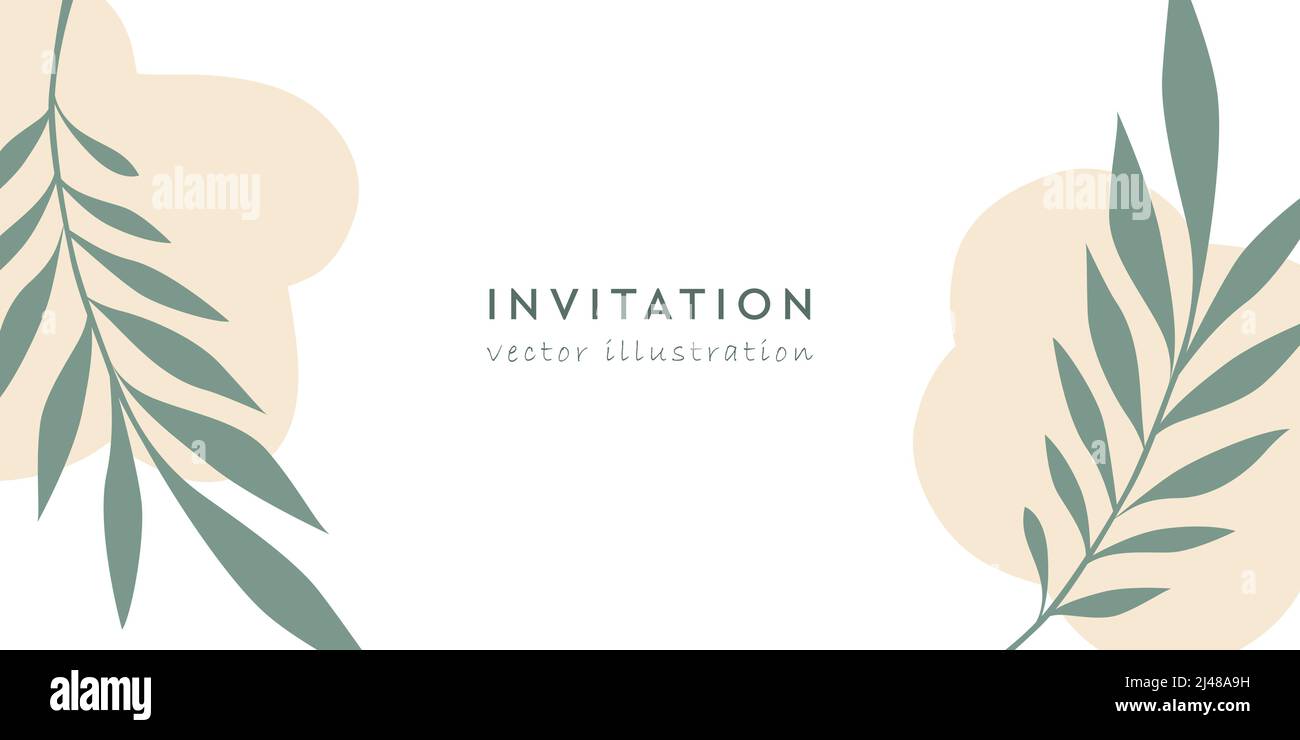 modello di invito luminoso con foglie di palma su sfondo bianco Illustrazione Vettoriale