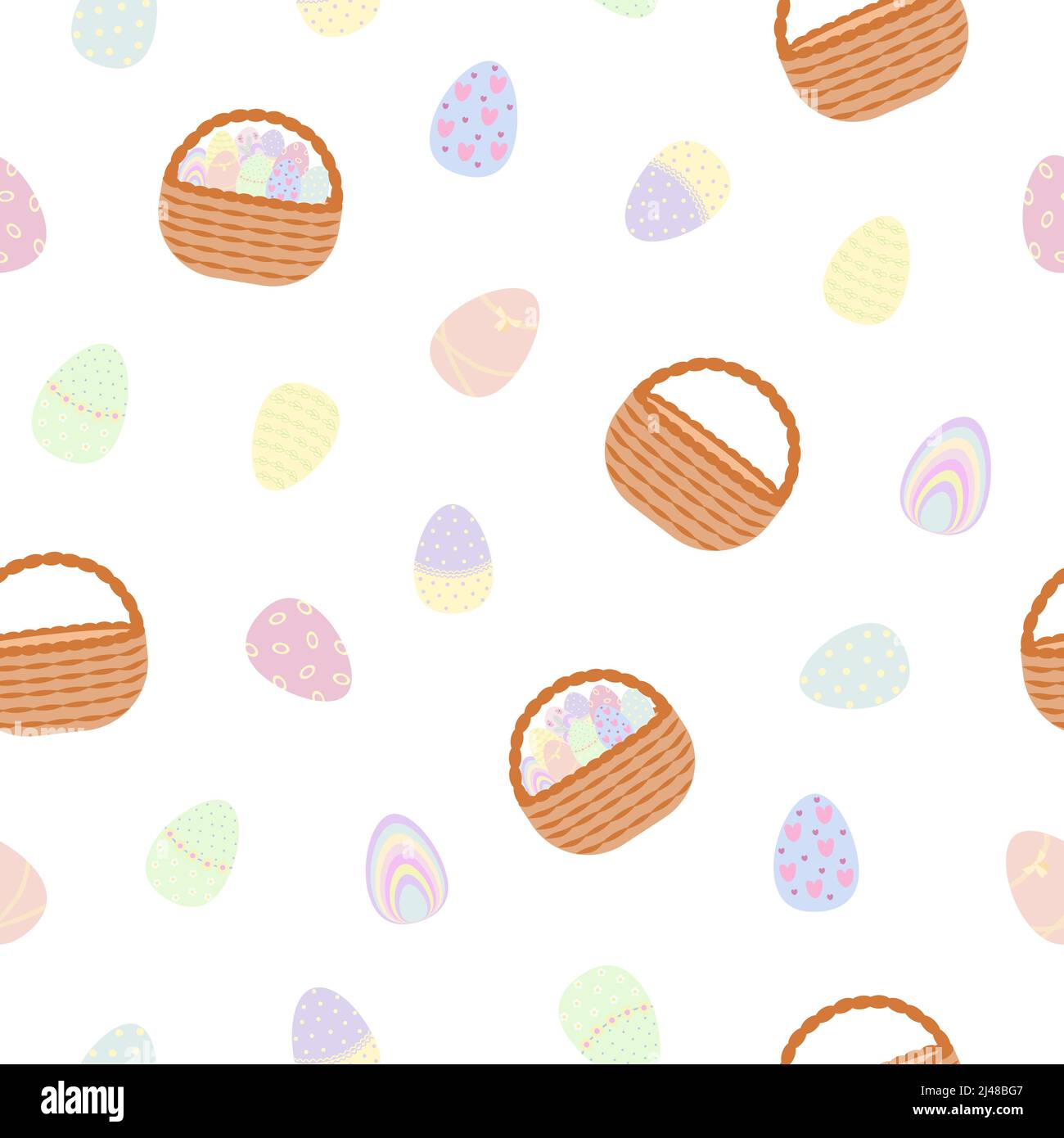 Cestino di Pasqua con uova dipinte, cestino vuoto senza cuciture modello, semplice illustrazione vettoriale in stile piatto per biglietti d'auguri primavera periodo festivo, tessuto, carta regalo, ornamento ripetizione Illustrazione Vettoriale