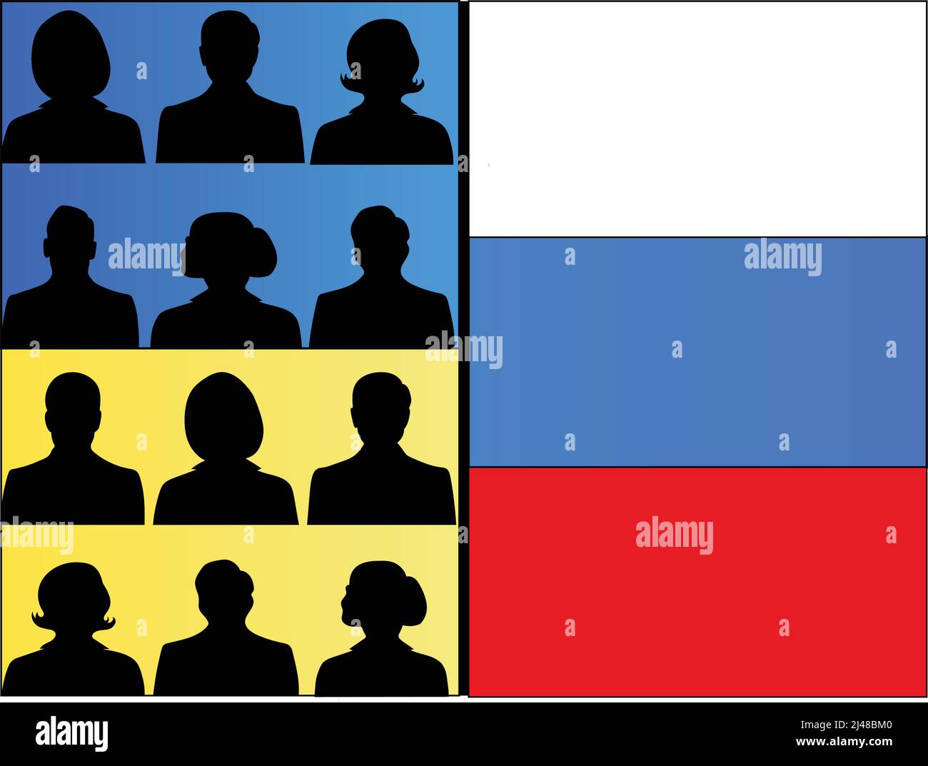 illustrazione di persone contro le bandiere ucraine e russe, concetto di negoziazione, immagine stock Illustrazione Vettoriale