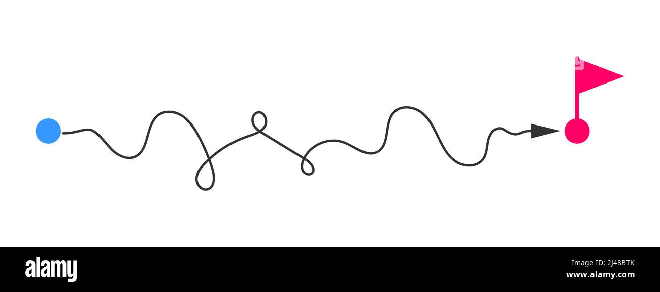 Linea curva con punto iniziale e freccia di direzione che termina vicino al simbolo della bandiera. Modo difficile, percorso caos, sfida difficile, lungo percorso concetto isolato su sfondo bianco. Illustrazione grafica vettoriale. Illustrazione Vettoriale