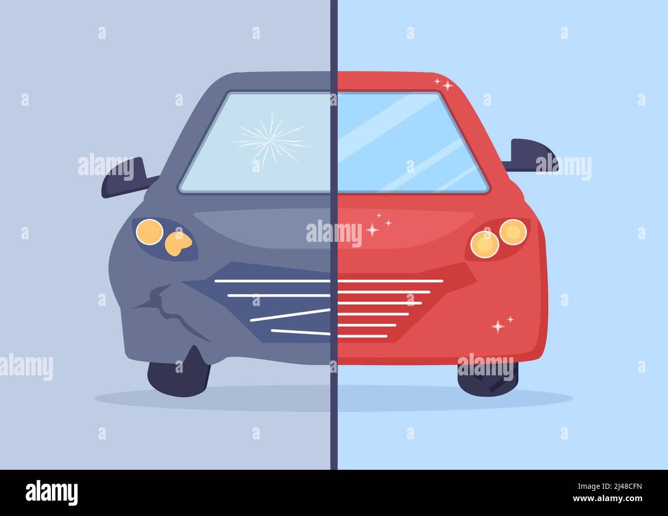 Sostituzione del parabrezza dell'auto e riparazione del telaio della carrozzeria dell'auto a causa di incrinature, rotture o incidenti nell'illustrazione Cartoon Flat Style Illustrazione Vettoriale