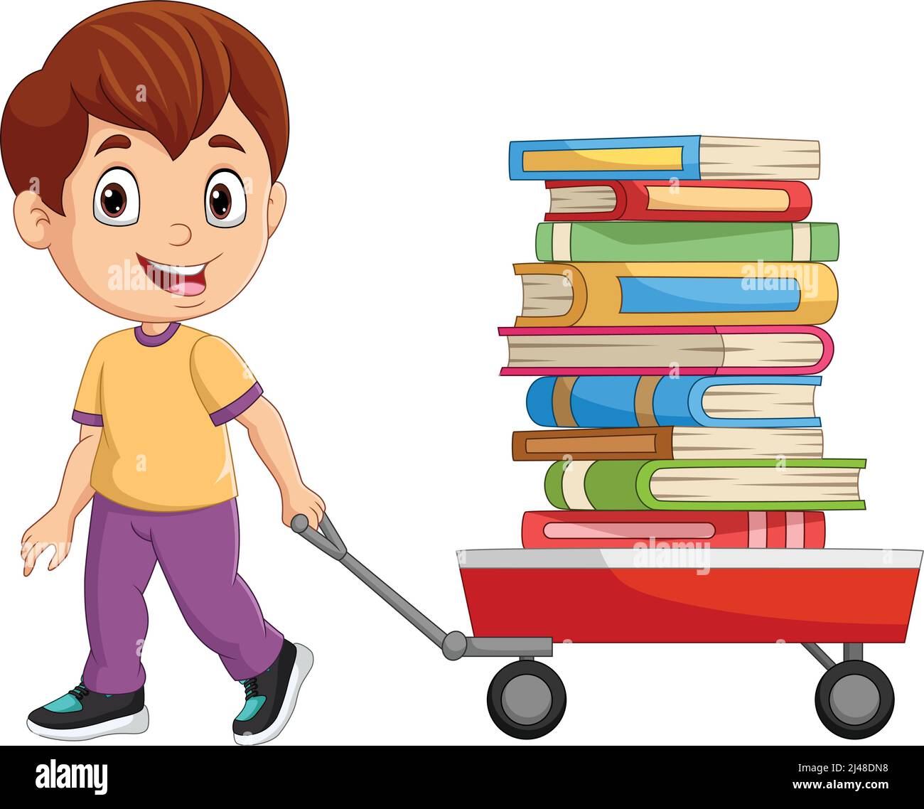 Cartoon piccolo ragazzo tirando carro carrello con mucchio di libri Illustrazione Vettoriale