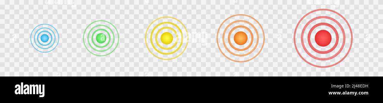 Punti concentrici multicolore. Simboli di scopo, obiettivo, dolore, healing, ferita, painkilling. Icone di localizzazione rotonde. Segnali radar, sonar o onde sonar su sfondo trasparente. Illustrazione vettoriale Illustrazione Vettoriale