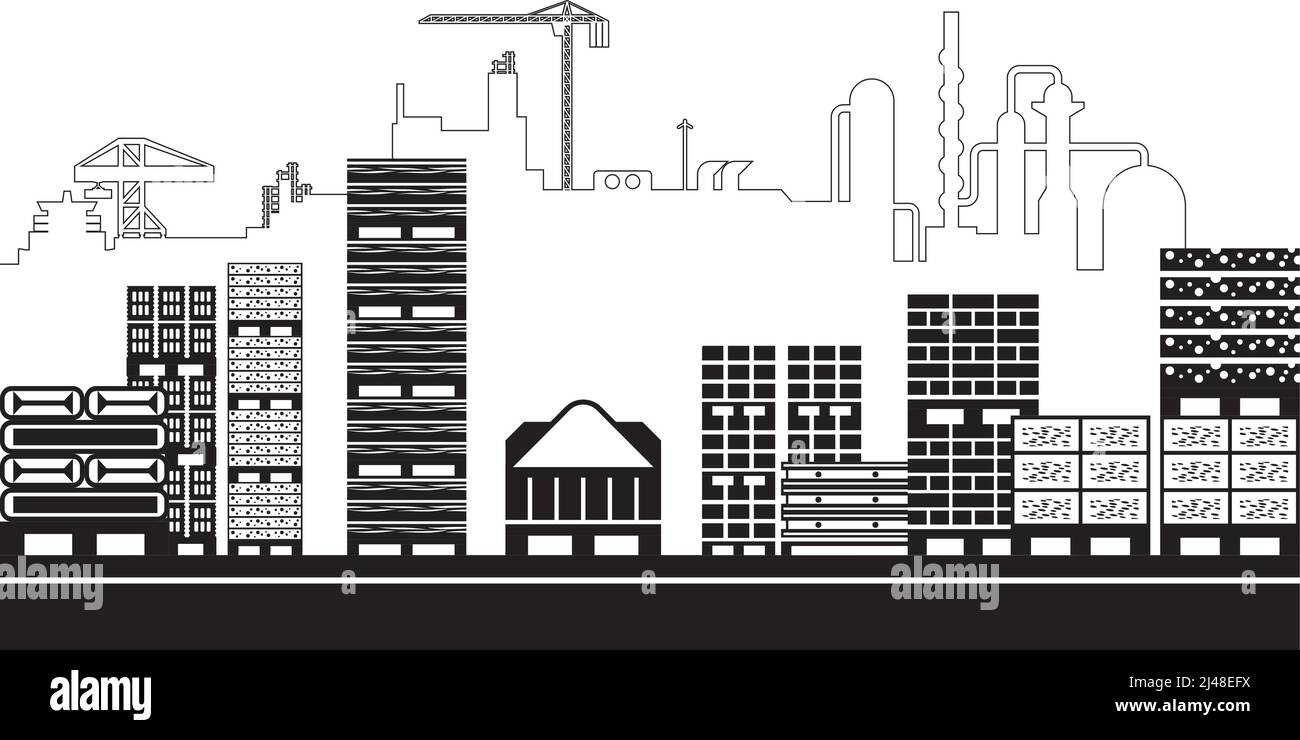 Magazzino delle costruzioni con background industriale – illustrazione vettoriale Illustrazione Vettoriale