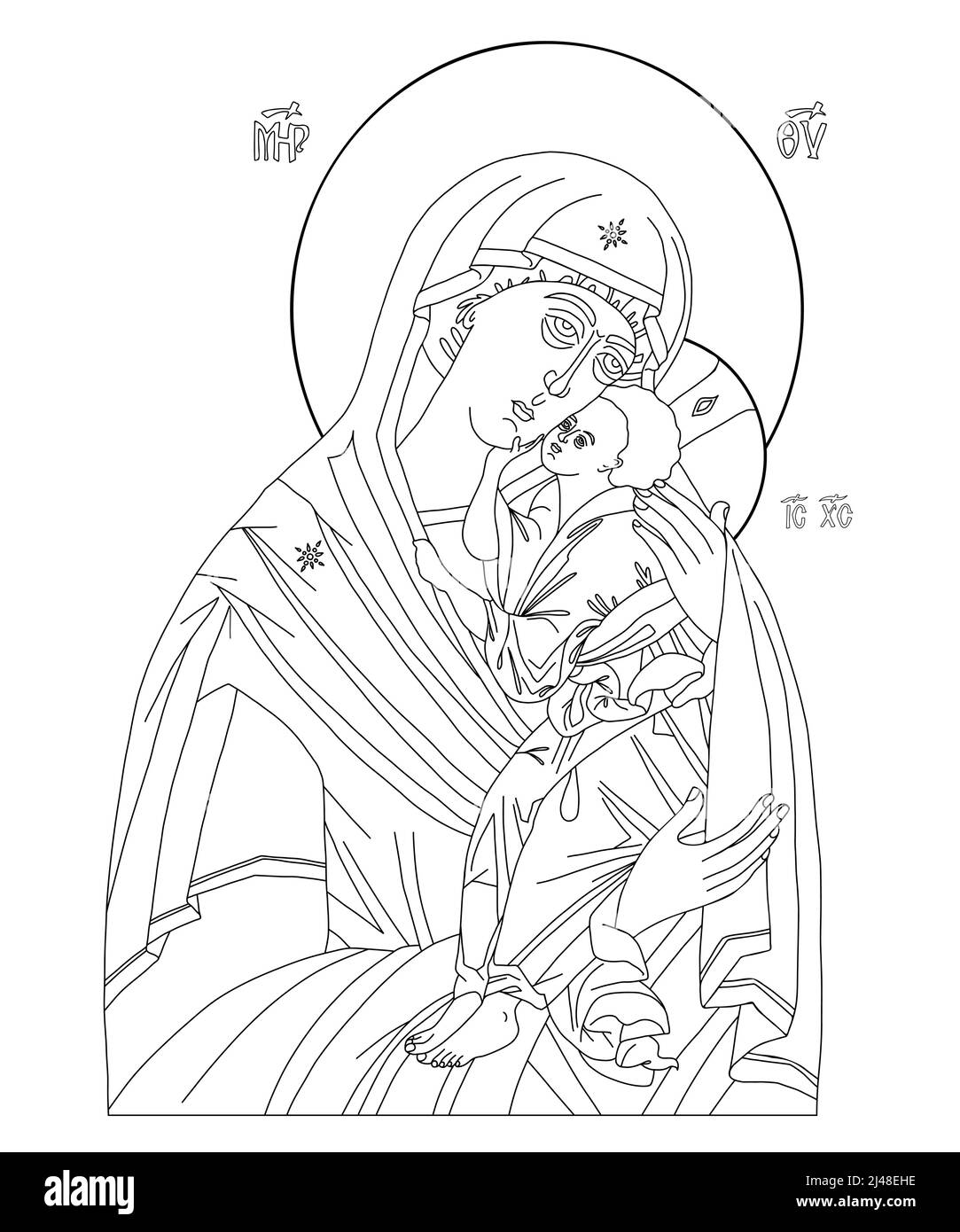 Icona ortodossa della Vergine. Santa Madre, Dio Madre di Dio Regina del Cielo con Gesù Cristo Bambino. Eleusa, disegno lineare a mano. Icona illustrazione vettore Illustrazione Vettoriale