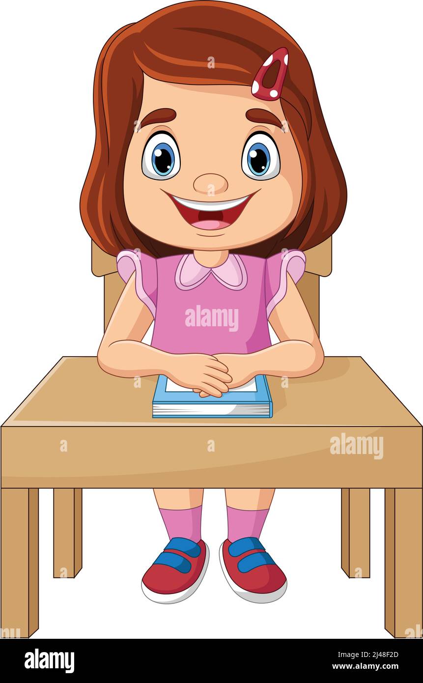 Cartoon bambina che studia sulla scrivania Illustrazione Vettoriale