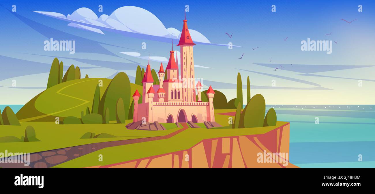 Castello fiabesco sull'isola in mare. Vettoriale cartoon estate paesaggio mediterraneo con riva del mare, verdi colline con alberi e palazzo reale, castello medievale con torri Illustrazione Vettoriale