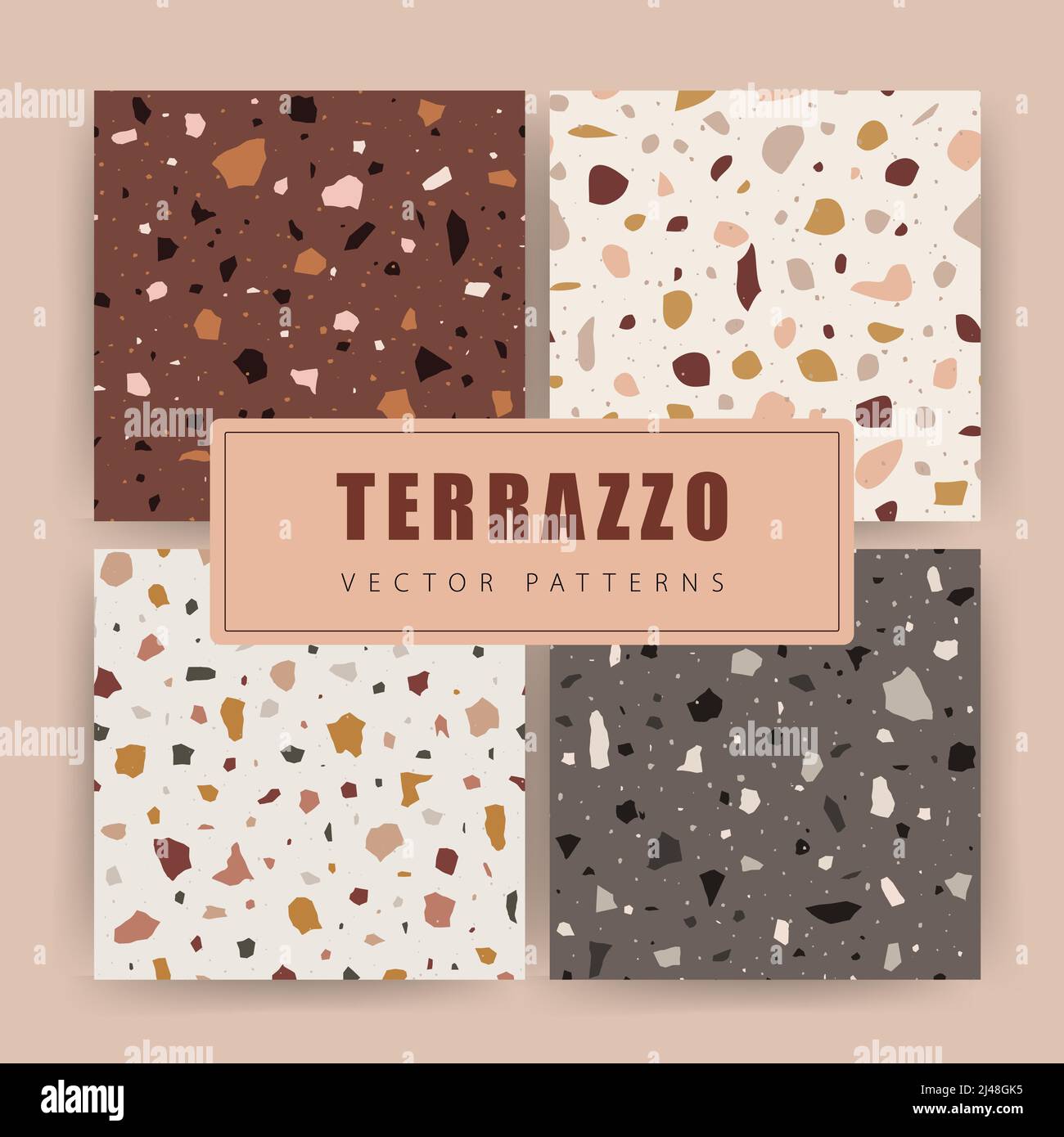 Set di colorate imitazioni sul terrazzo. Disegni senza cuciture con vetro, marmo e pietra naturale. Illustrazione del vettore retrospettiva Illustrazione Vettoriale