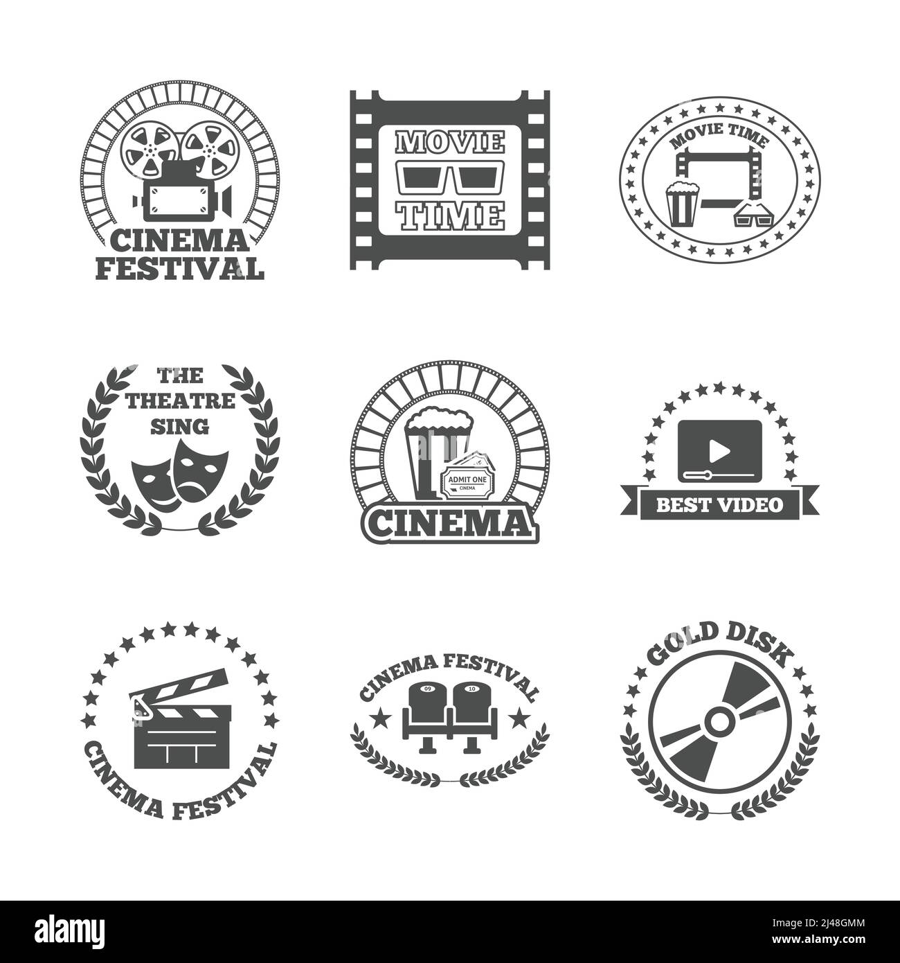 Cinema cinema cinema teatro Golden disco migliore video festival nero retro le icone delle etichette di stile impostano l'illustrazione vettoriale isolata Illustrazione Vettoriale