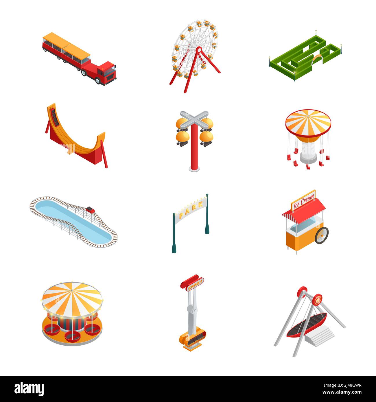 Parco divertimenti per bambini con attrazioni icone isometriche set isolato illustrazione vettoriale Illustrazione Vettoriale