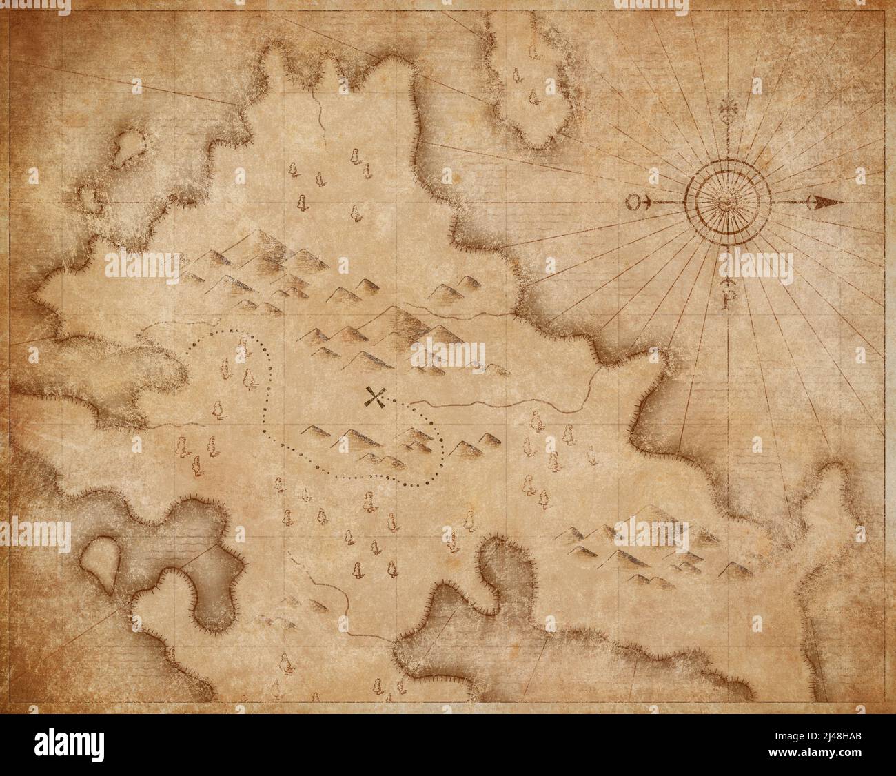 mappa medievale dei pirati nautici con tesori nascosti segno percorso Foto Stock