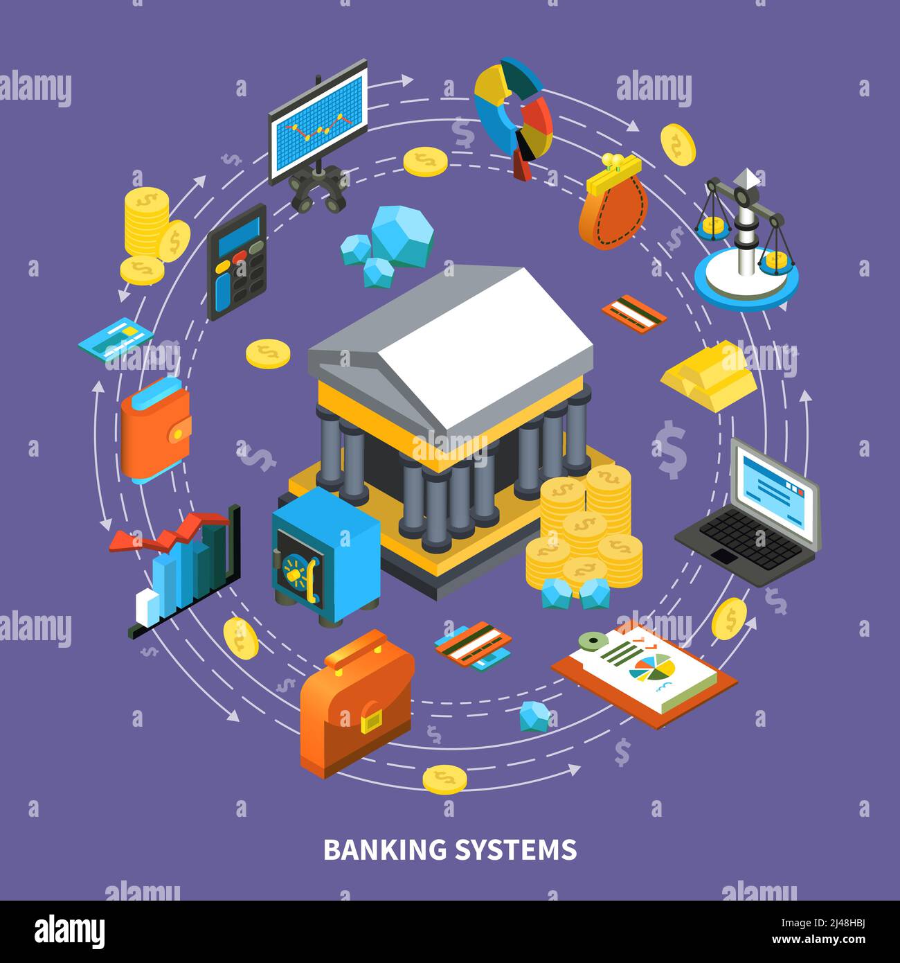 Icone finanziarie bancarie composizione isometrica rotonda con frecce computer portafoglio carte di credito monete oro flusso di denaro simboli segni vettore illustrazione Illustrazione Vettoriale