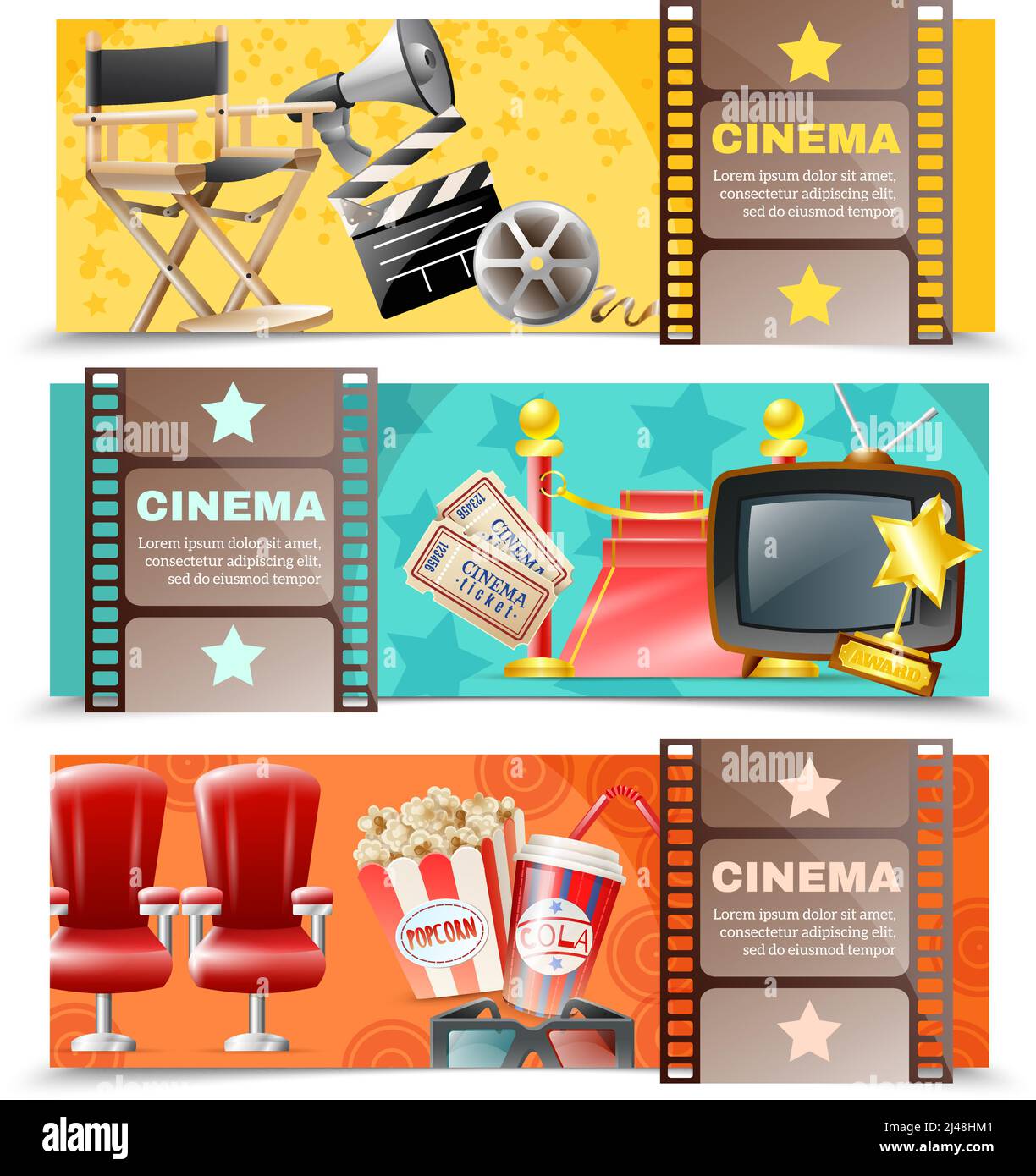 Cinema, cinema e film che fanno 3 striscioni retrò orizzontali set con illustrazione vettoriale isolata con clapper board Illustrazione Vettoriale