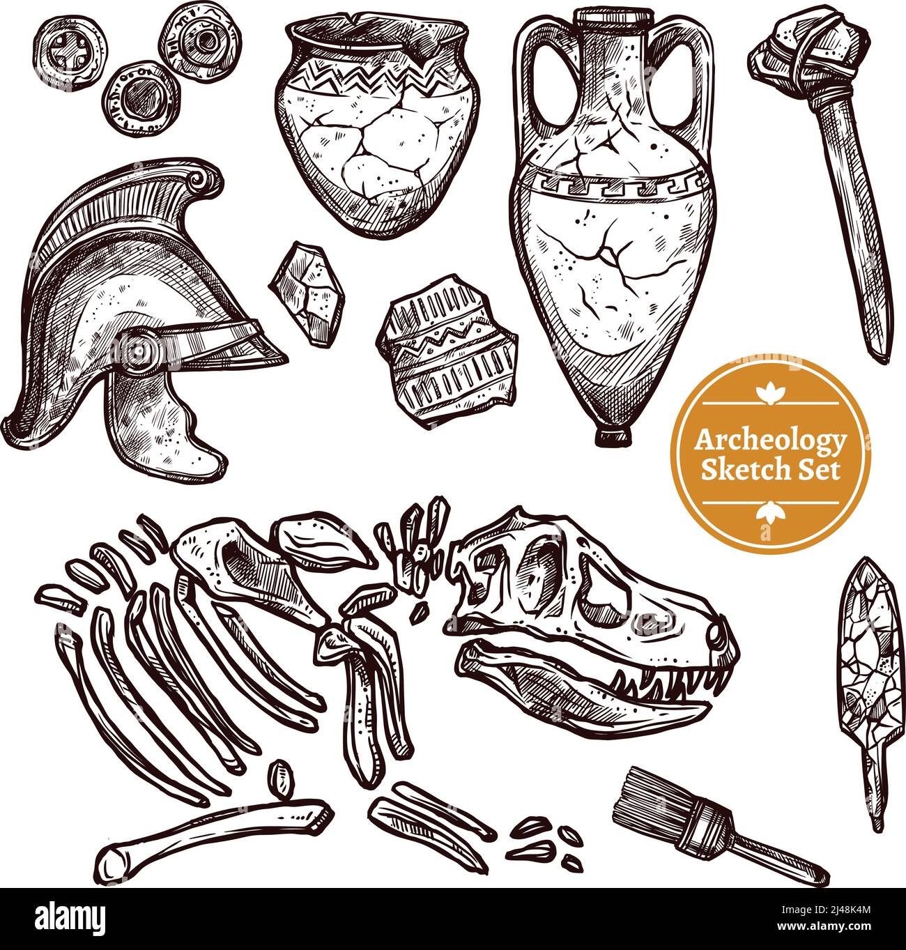 Archeologia disegno a mano set di paleontologico e archeologico antico trova l'illustrazione vettoriale isolata Illustrazione Vettoriale