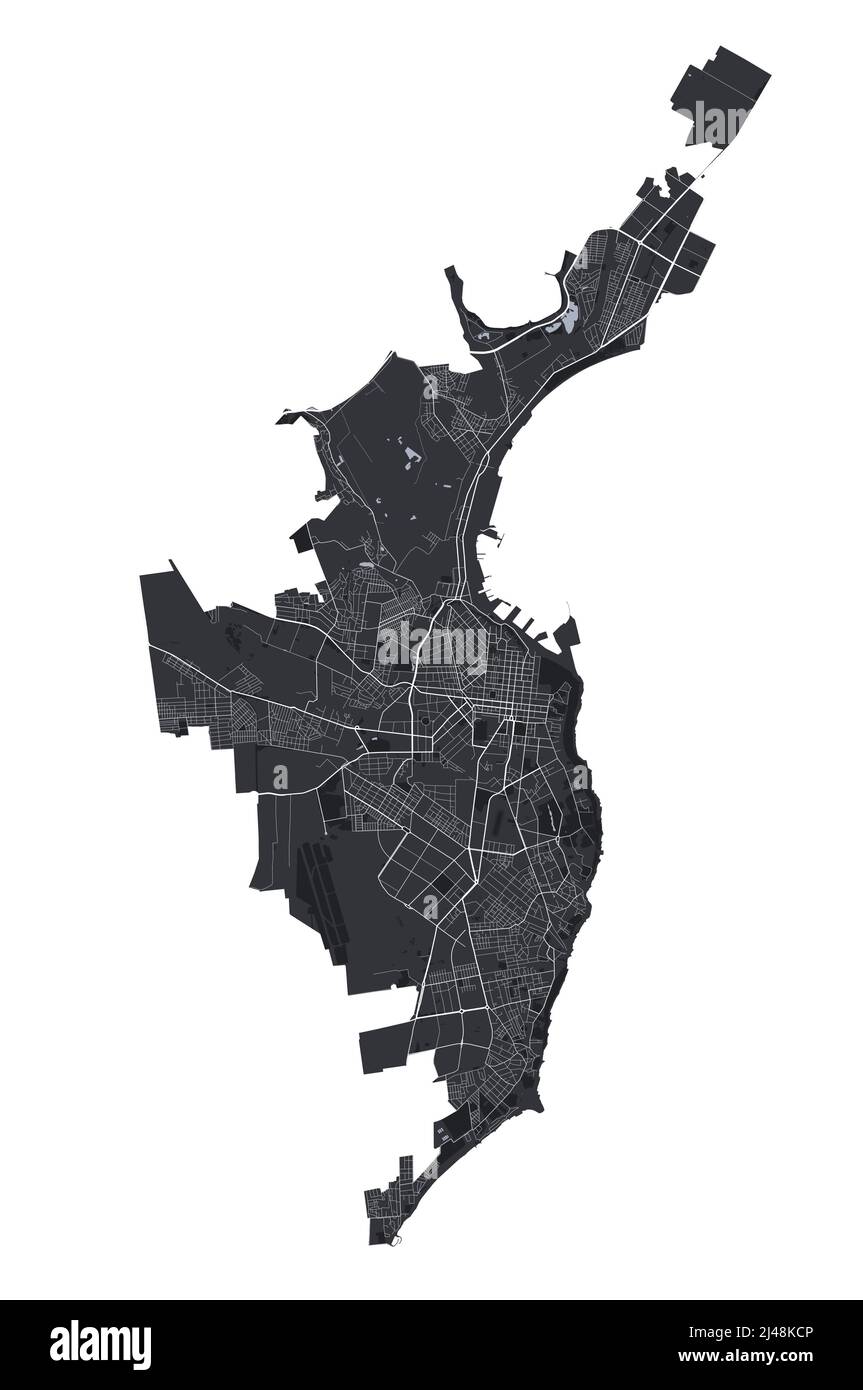 Mappa vettoriale Odesa. Mappa vettoriale dettagliata dell'area amministrativa della città di Odessa. Paesaggio urbano poster vista aria metropolitana. Terra nera con strade bianche e navata Illustrazione Vettoriale