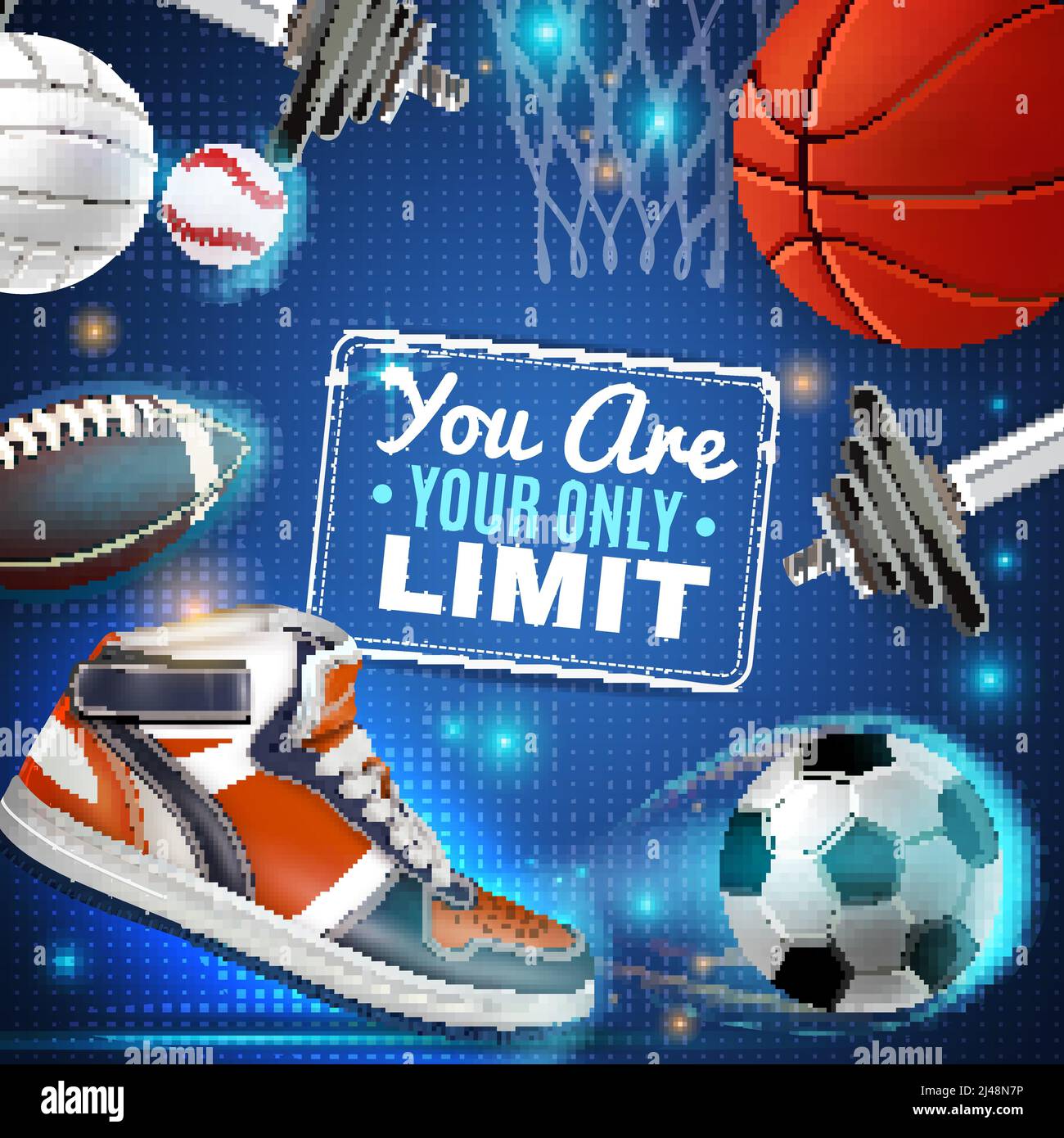 Poster colorato inventario sportivo con palline da tennis da calcio basket e illustrazione vettoriale sneaker Illustrazione Vettoriale