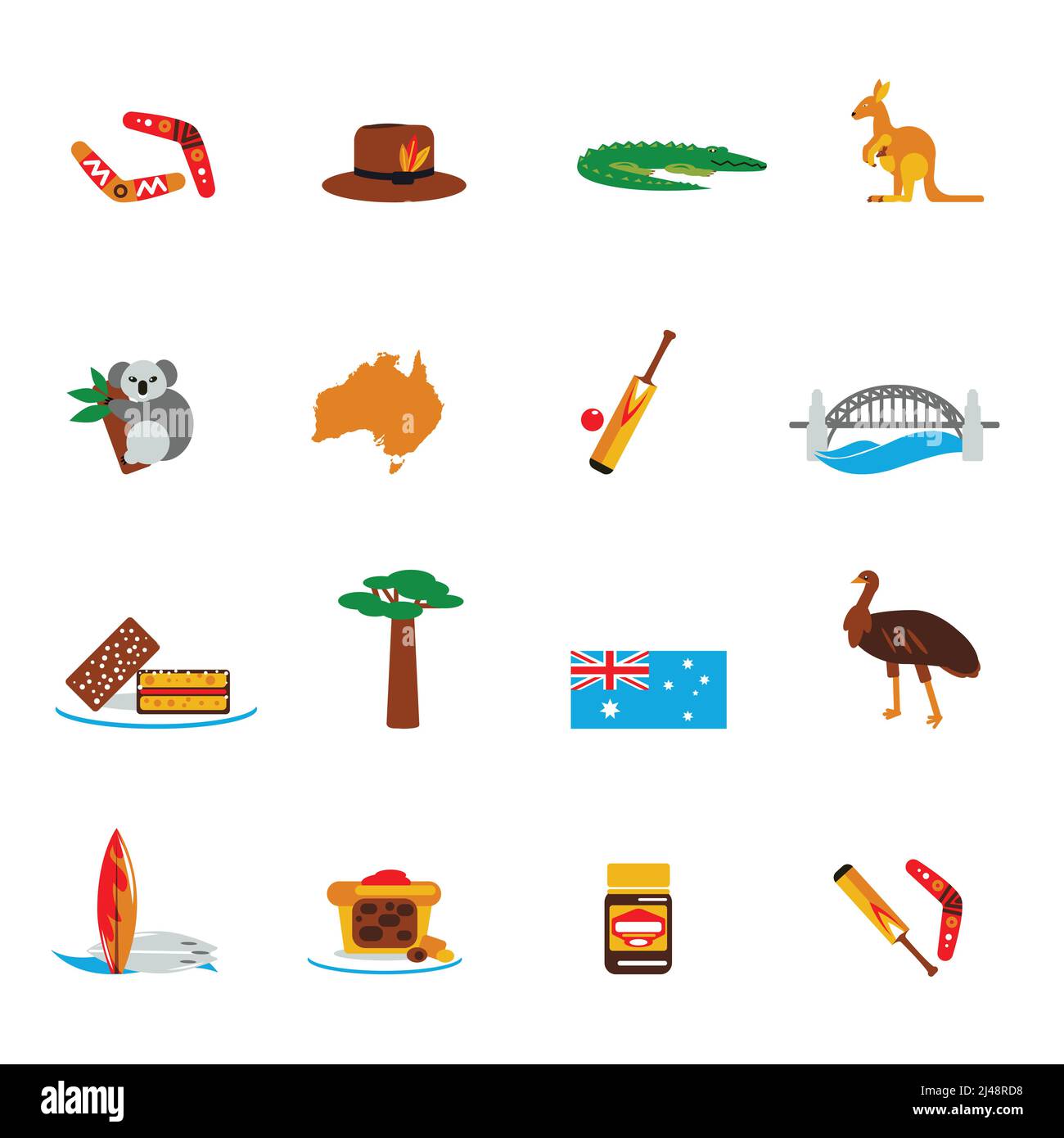 Australia viaggio icone insieme piatto con koala continente cricket ponte illustrazione vettoriale isolata Illustrazione Vettoriale