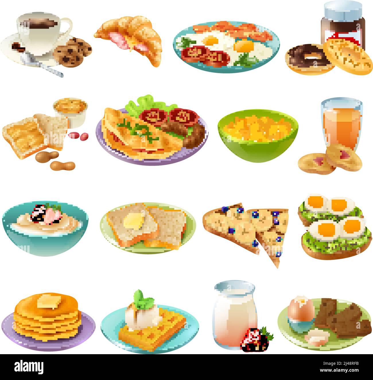 Colazione brunch sano inizio giornata opzioni cibo realistico icone raccolta con caffè e uova fritte illustrazione vettoriale isolata Illustrazione Vettoriale