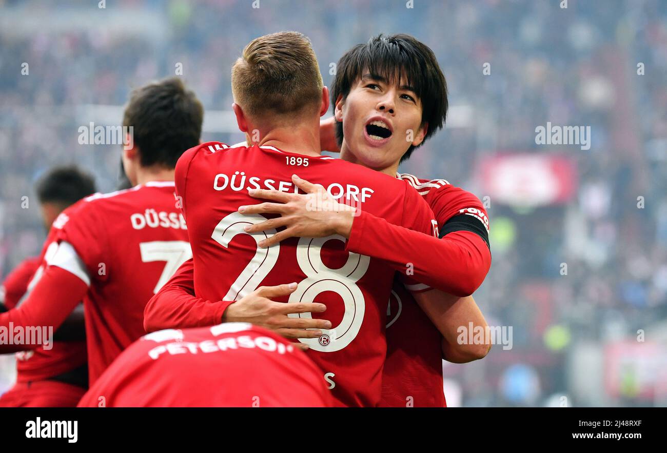 2. Bundesliga, Merkur-Spiel-Arena Düsseldorf: Fortuna Düsseldorf vs FC Hansa Rostock; Ao Tanaka festeggia dopo aver segnato Foto Stock