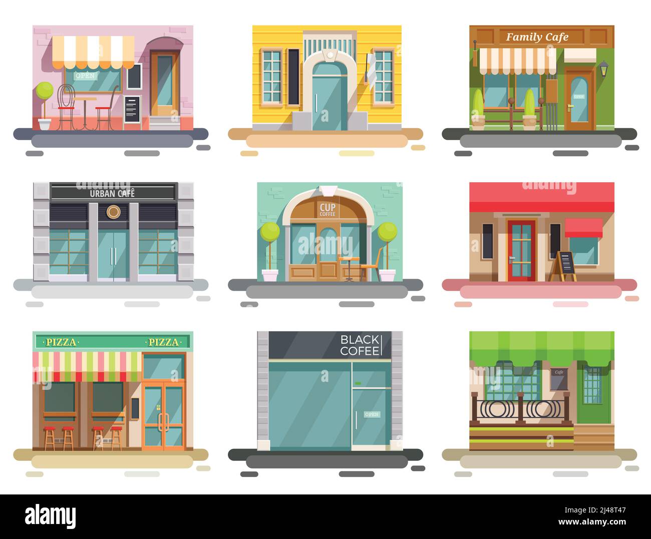 Cafe flat collezione di nove isolati doodle stile immagini con storefronts e diversi elementi di design degli interni illustrazione vettoriale Illustrazione Vettoriale