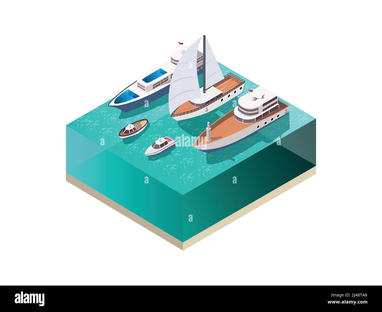 Fornito con set isometrico con superficie dell'acqua e vari recipienti, tra cui illustrazione vettoriale di yacht e barche a motore a motore a vento Illustrazione Vettoriale