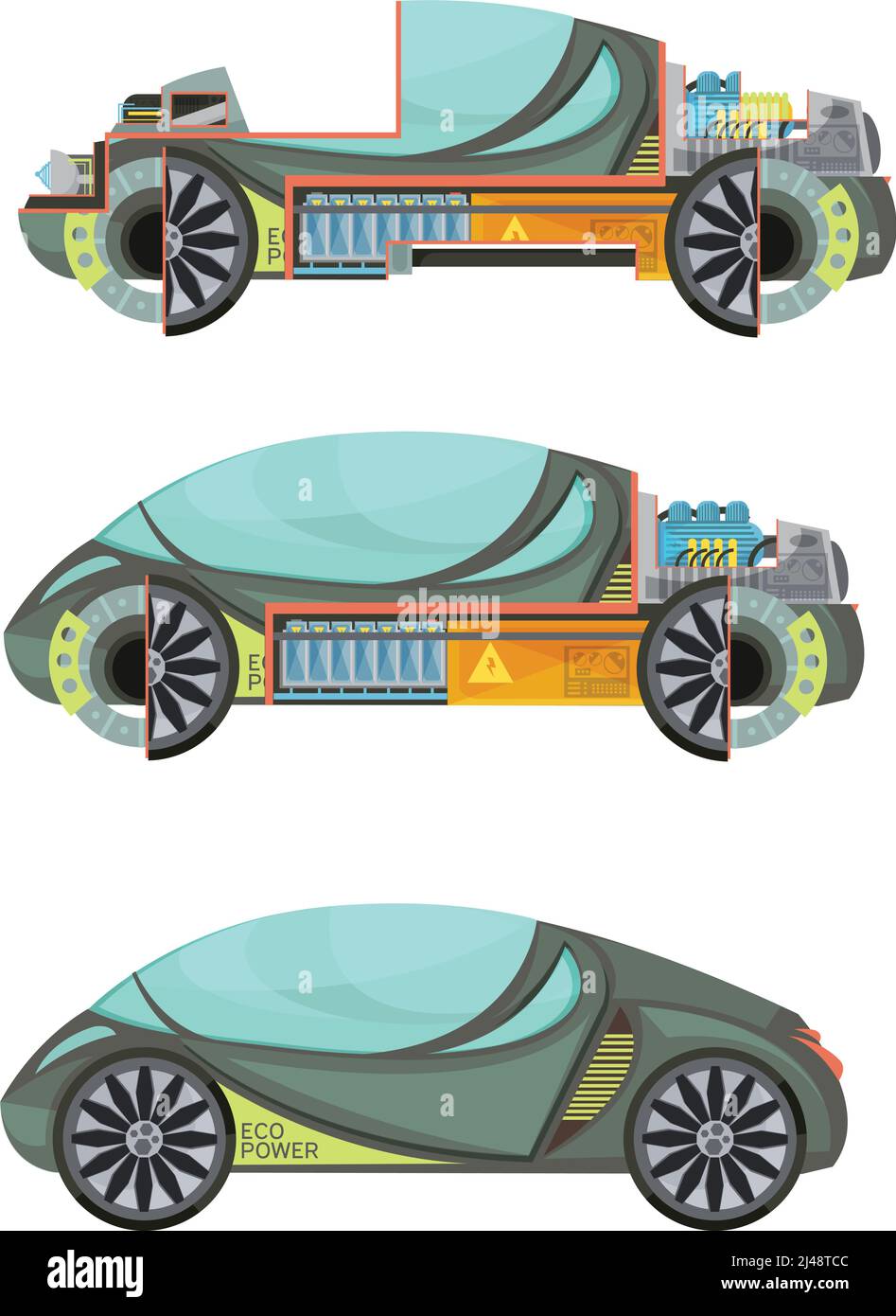 Auto elettroniche colorate eco-compatibili, isolate su sfondo bianco illustrazione vettoriale Illustrazione Vettoriale