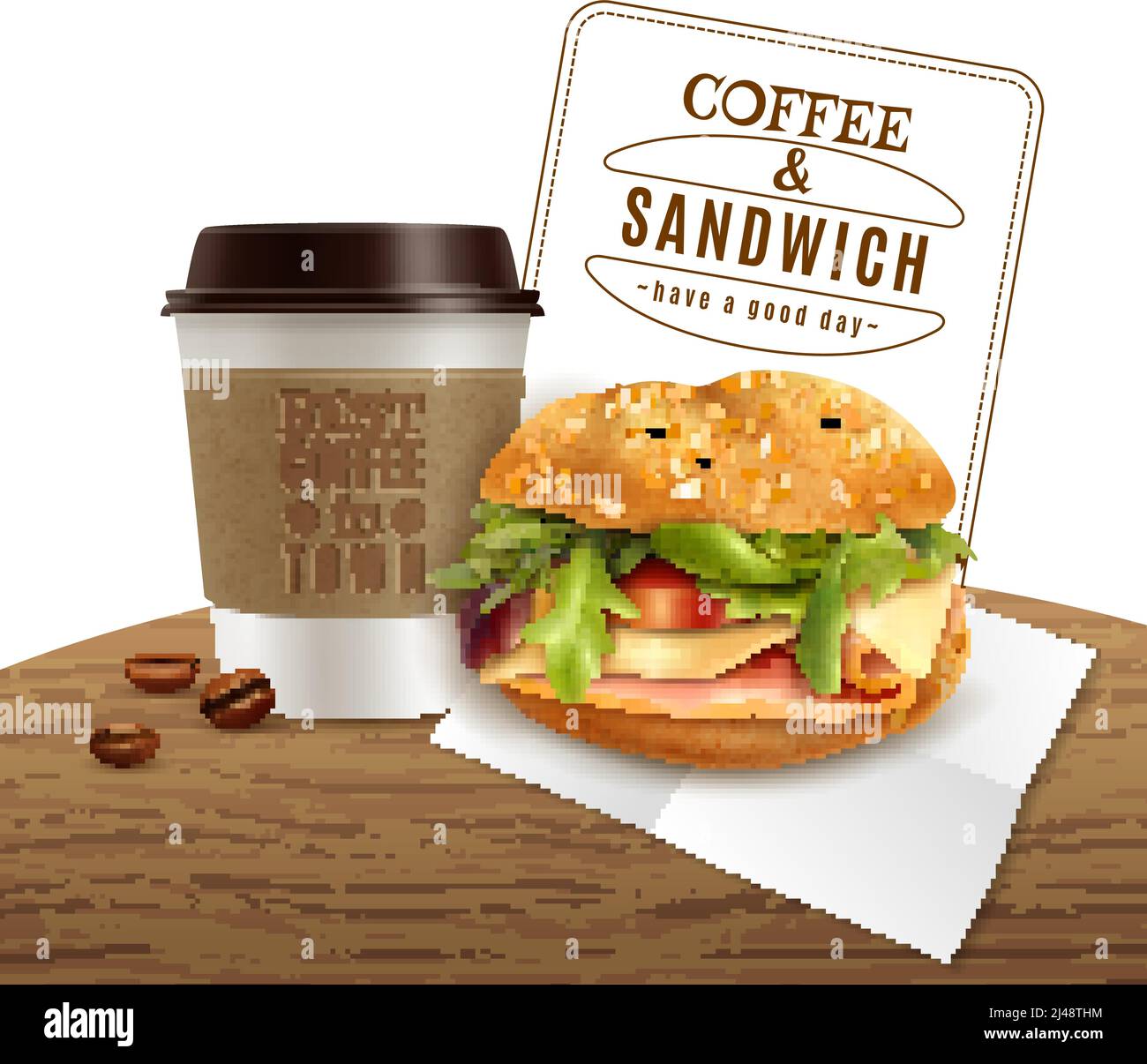 Fast food, pranzo, menu colazione, poster pubblicitario realistico con take-away caffè e delizioso formaggio prosciutto panino illustrazione vettoriale Illustrazione Vettoriale