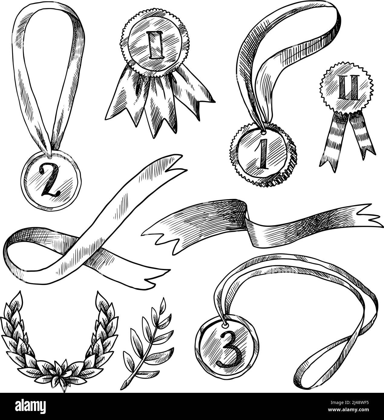 Set di icone decorative di riconoscimento del premio vincitore della medaglia di trofeo alloro illustrazione vettoriale isolata wreath Illustrazione Vettoriale