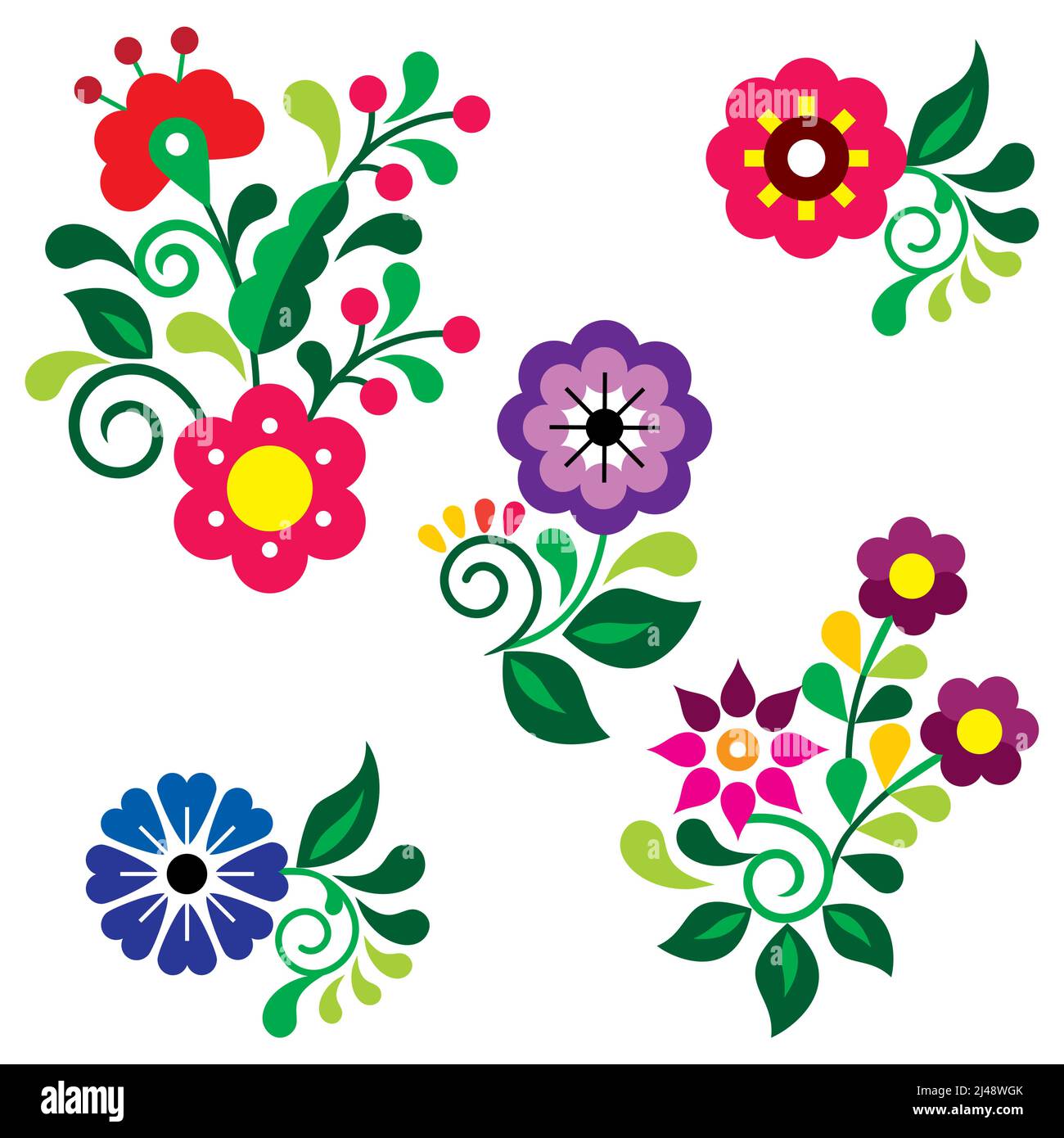 Elementi di design vettoriali in stile arte folk floreale perfetti per biglietti d'auguri su invito, ispirati ai tradizionali ricami messicani Illustrazione Vettoriale