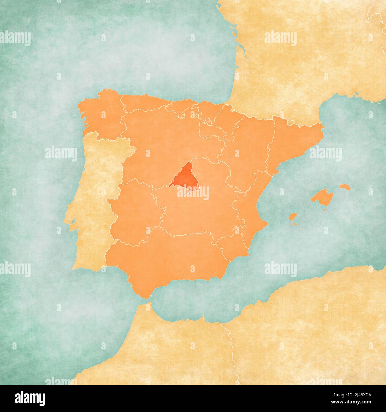 Madrid (Spagna) sulla mappa della penisola iberica in morbido grunge e vintage stile su carta vecchia. Foto Stock