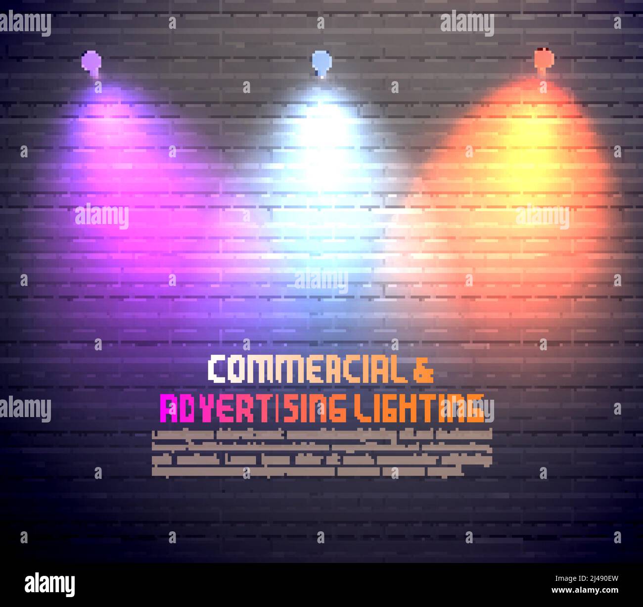 Effetti di luce colorati per uso commerciale e poster di illuminazione pubblicitaria immagine vettoriale su parete di mattoni Illustrazione Vettoriale