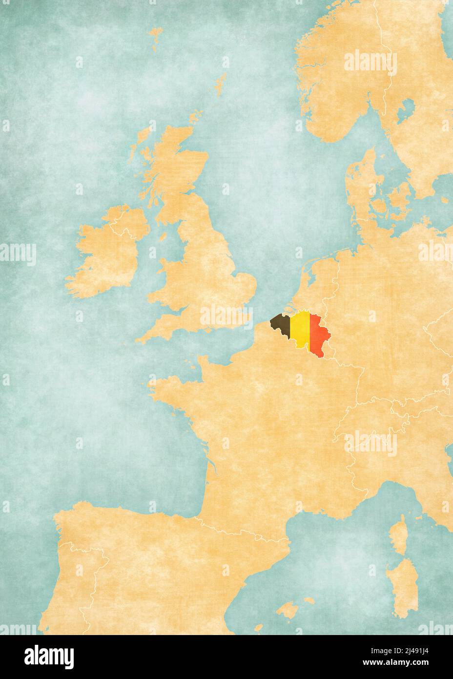 Belgio (bandiera belga) sulla mappa dell'Europa occidentale in stile vintage e soft grunge, come la carta vecchia con pittura acquerello. Foto Stock