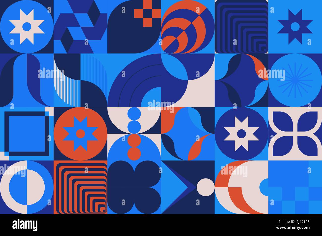 Disegno vettoriale astratto geometrico realizzato con varie forme geometriche ed elementi. Grafica digitale per poster, copertina, arte, presentazione Illustrazione Vettoriale