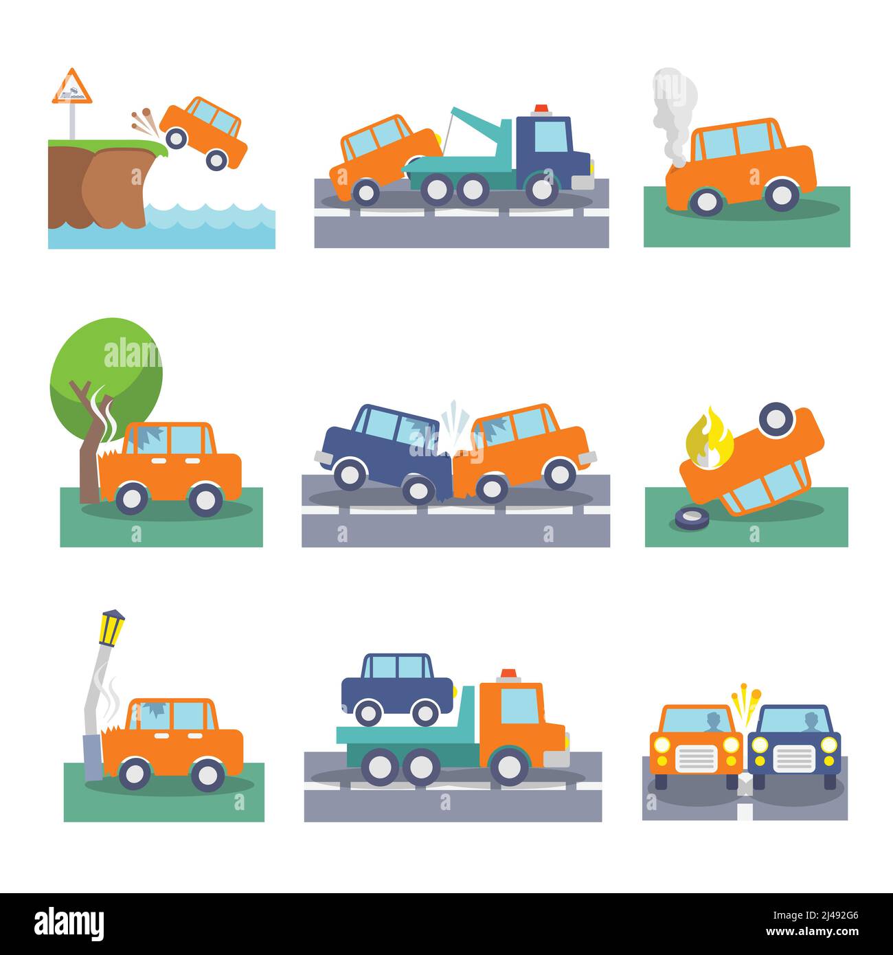 Auto colorata crash incidenti e sicurezza di guida set di icone isolato illustrazione vettoriale Illustrazione Vettoriale