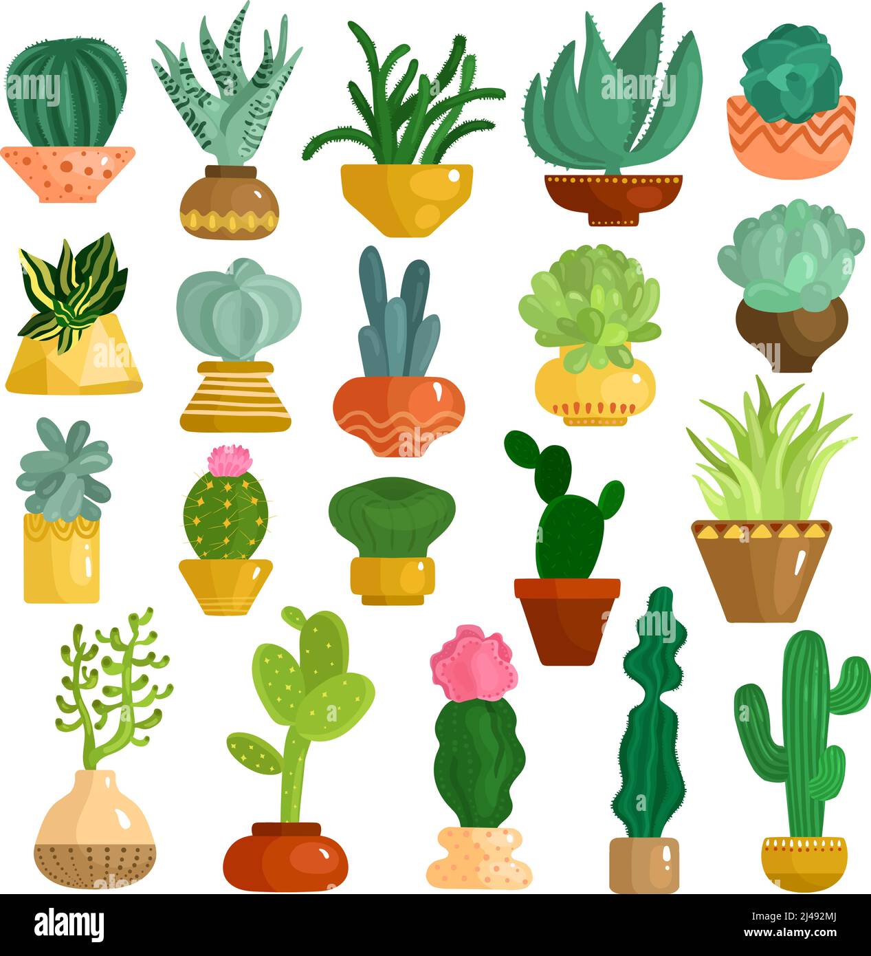 Cactus e succulenti in pentole piatti icone collezione con aloe agave kalanchoe opuntia euforbia isolato vettore illustrazione Illustrazione Vettoriale