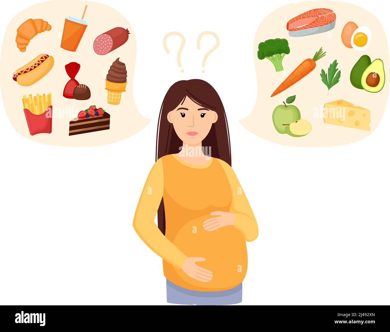 Donna incinta che sceglie tra cibo sano e malsano. Fast food vs menu equilibrato. Mangiare durante la gravidanza. Illustrazione del vettore concettuale Illustrazione Vettoriale