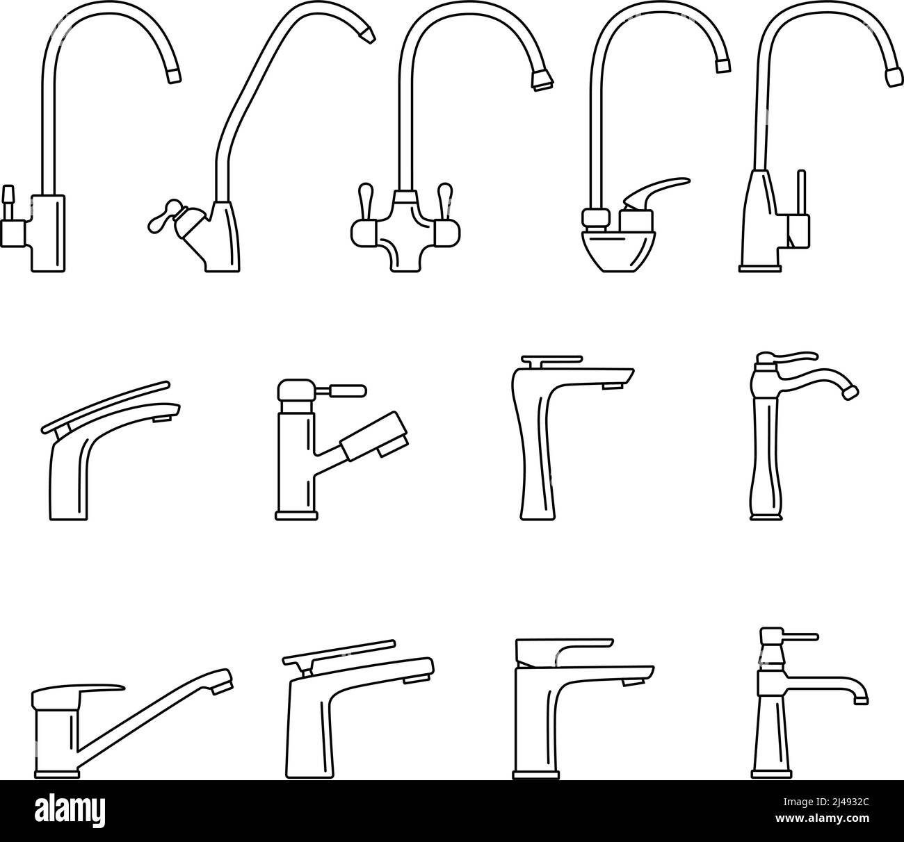 Set di icone del rubinetto. Icone del rubinetto dell'acqua, illustrazione vettoriale Illustrazione Vettoriale