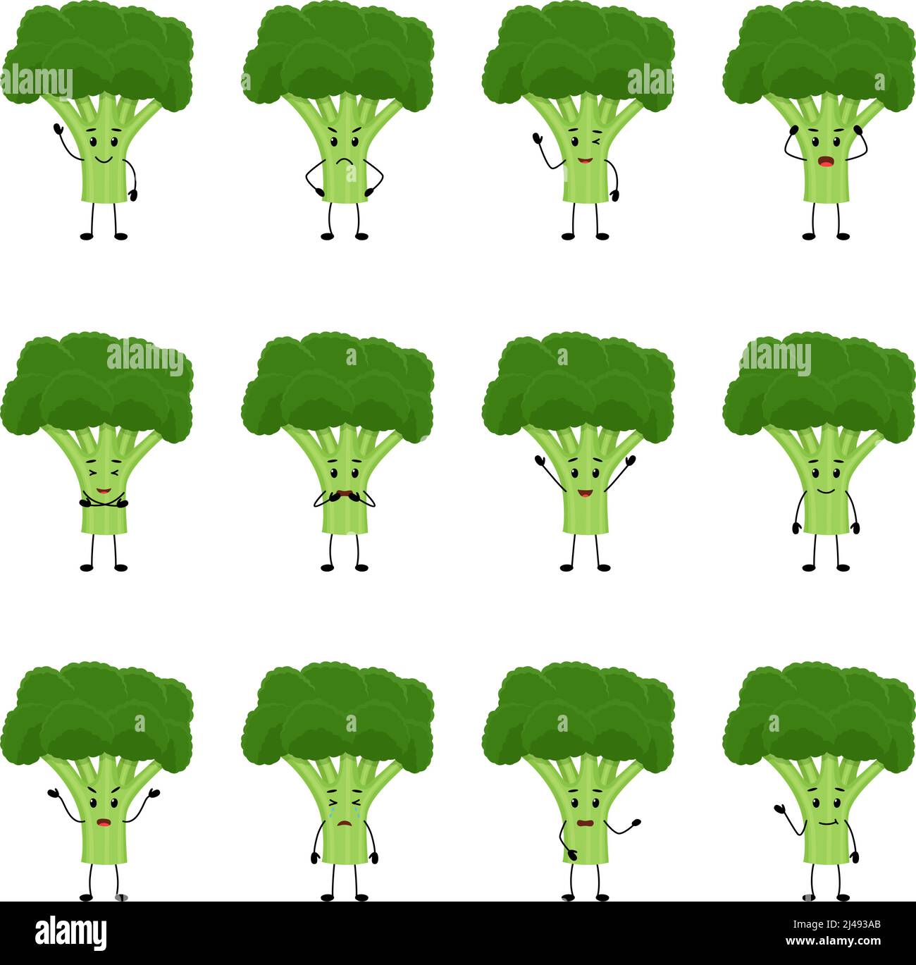 Broccoli. Carino personaggi vegetali con diverse emozioni, illustrazione vettoriale Illustrazione Vettoriale
