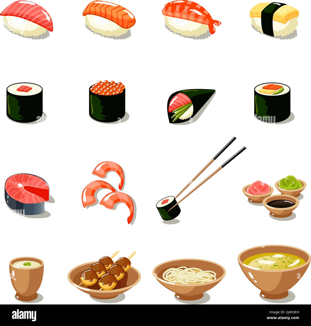 Asia food icona set con sushi rotoli sashimi noodle miso illustrazione vettoriale isolata Illustrazione Vettoriale