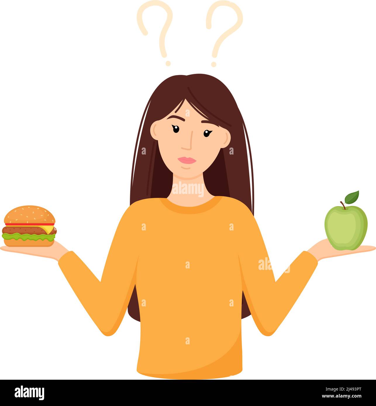 Donna che sceglie tra cibo sano e malsano. Scelta tra mela e hamburger. Illustrazione del vettore concettuale Illustrazione Vettoriale