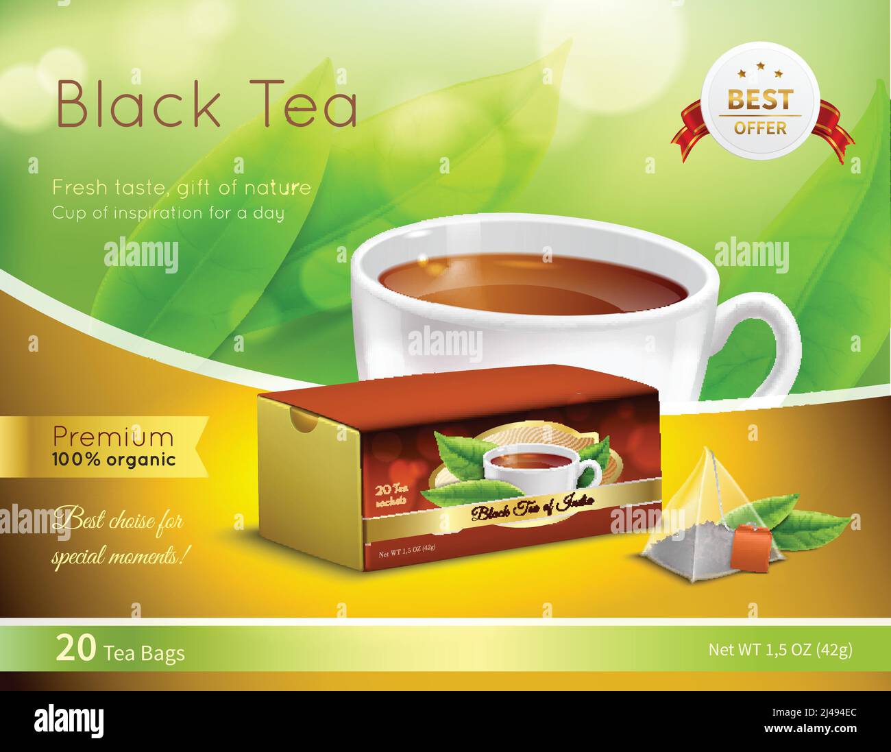 Pubblicità del tè nero composizione realistica su sfondo verde sfocato con scatola di cartone, tazza di bevanda, illustrazione vettoriale Illustrazione Vettoriale