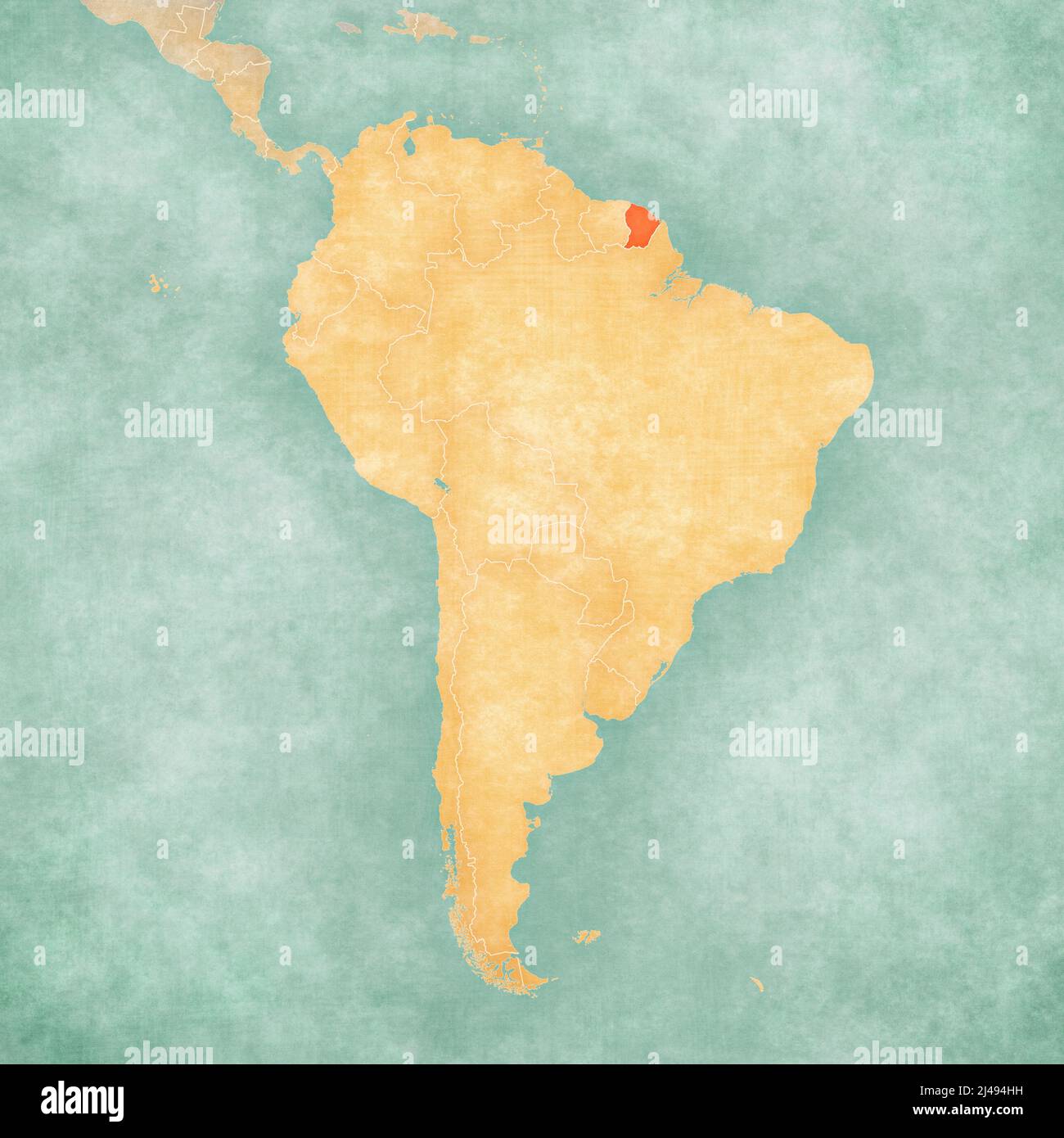 Guyana francese sulla mappa del Sud America in morbido grunge e stile vintage, come carta vecchia con pittura acquerello. Foto Stock