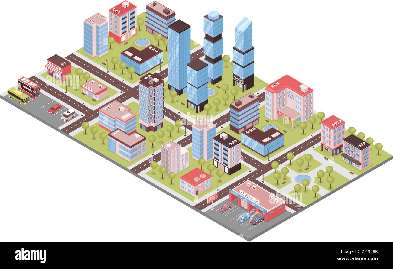 Composizione isometrica del quartiere della città con business center torri ufficio auto illustrazione vettoriale degli edifici dei negozi del parcheggio di riparazione Illustrazione Vettoriale