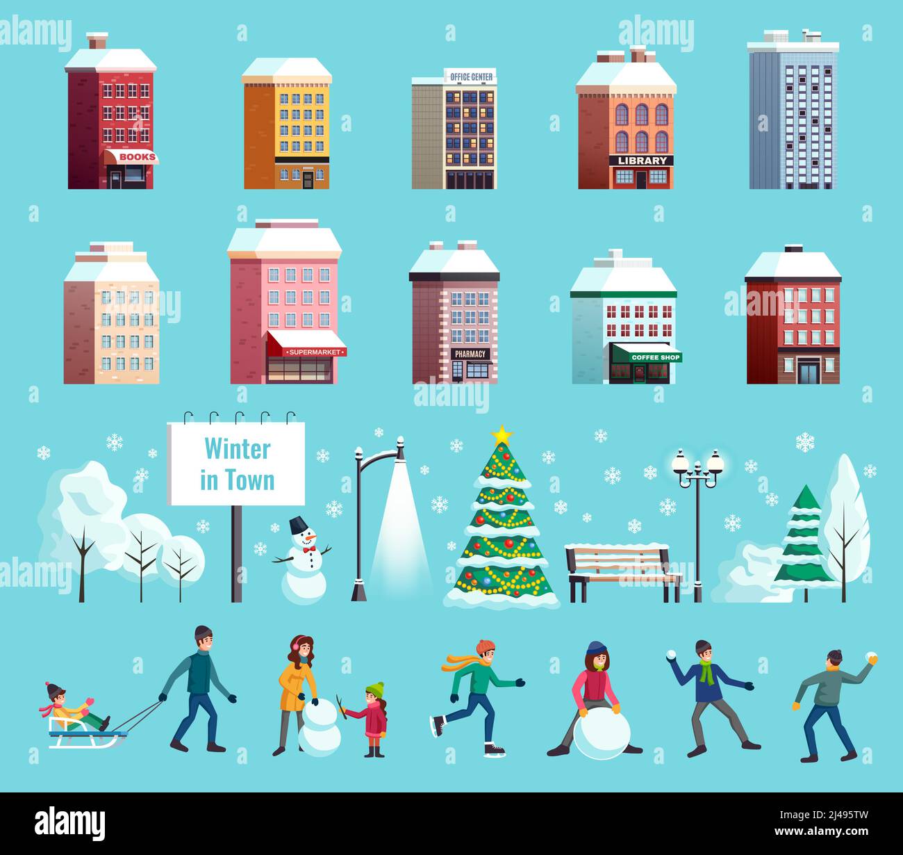 Il paesaggio invernale della città presenta edifici lanterne albero di natale slitta pupazzo di neve skater snowball fight icone collezione illustrazione vettoriale Illustrazione Vettoriale