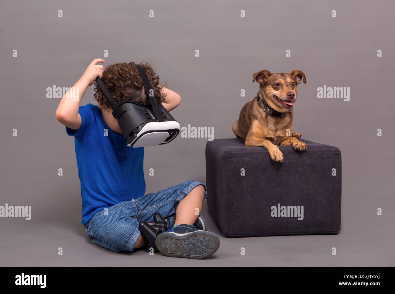 ragazzo con occhiali di realtà virtuale accanto al suo cucciolo Foto Stock