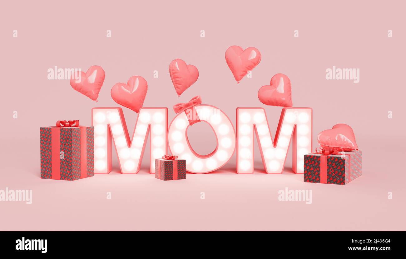 Le lettere della mamma con le luci luminose poste su sfondo rosa con i palloncini a forma di cuore e le scatole del regalo durante la celebrazione del giorno delle madri. 3d rendering Foto Stock