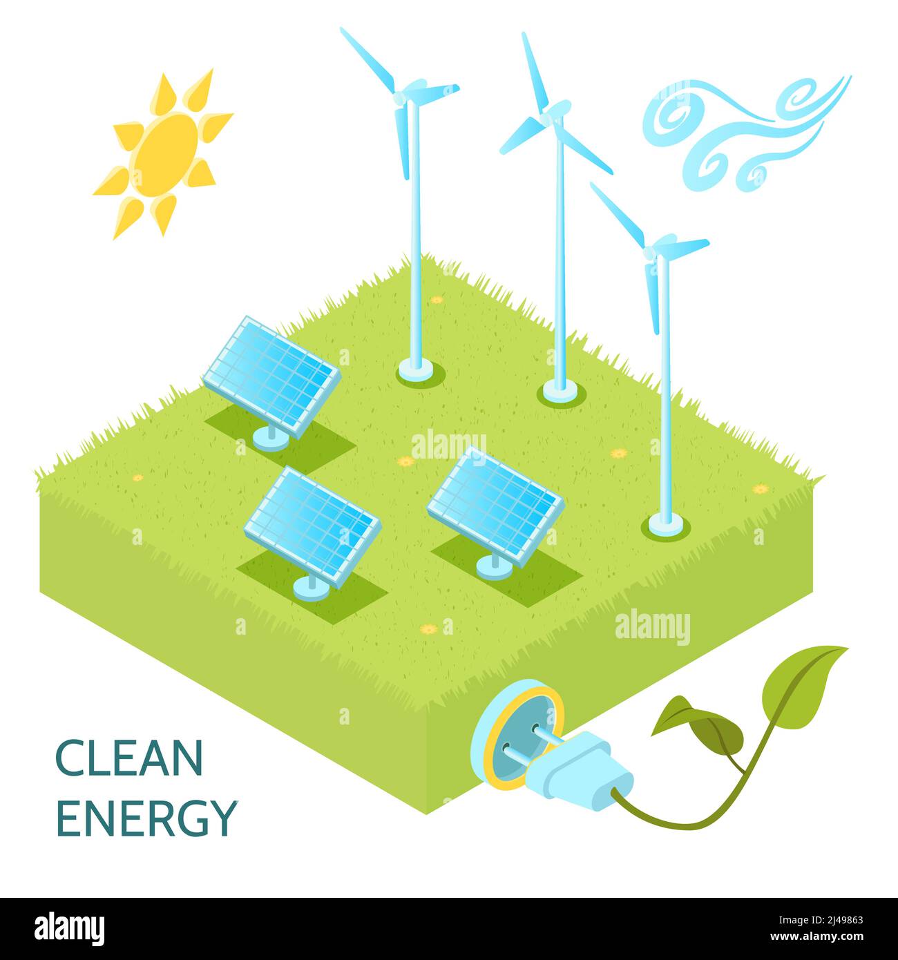 Concetto isometrico dell'energia pulita con simboli dell'energia solare ed eolica illustrazione vettoriale isometrica Illustrazione Vettoriale