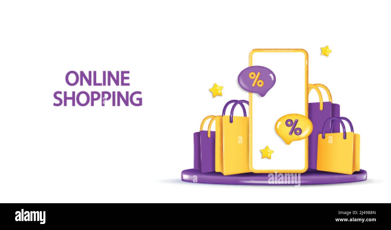 3D modello di banner o landing page per e-commerce. Telefono sul podio rotondo con carrello e articoli per lo shopping. Illustrazione Vettoriale