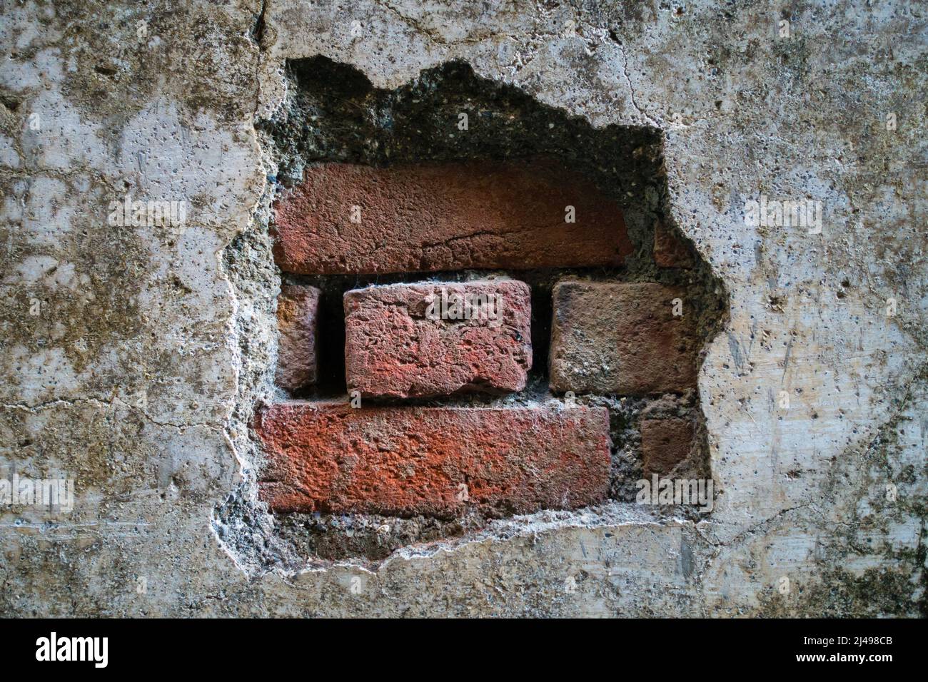 Un primo colpo di un muro di cemento danneggiato con mattoni esposti. Foto Stock