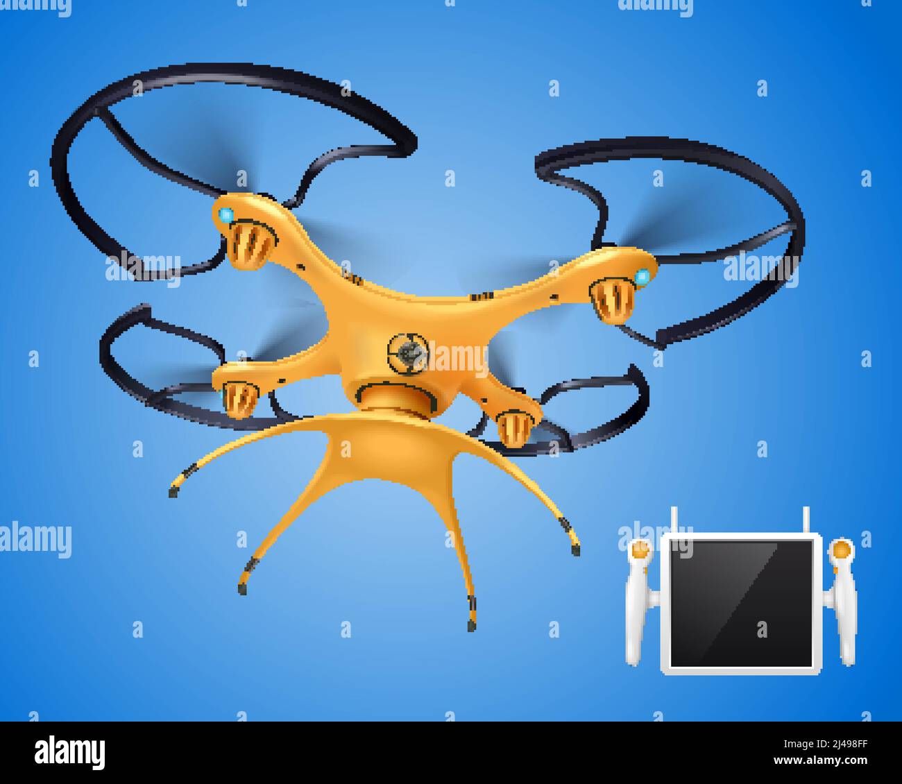 Drone giallo con telecomando composizione realistica oggetto elettronico per diverse esigenze blogger società governo o giocatori illustrazione vettoriale Illustrazione Vettoriale